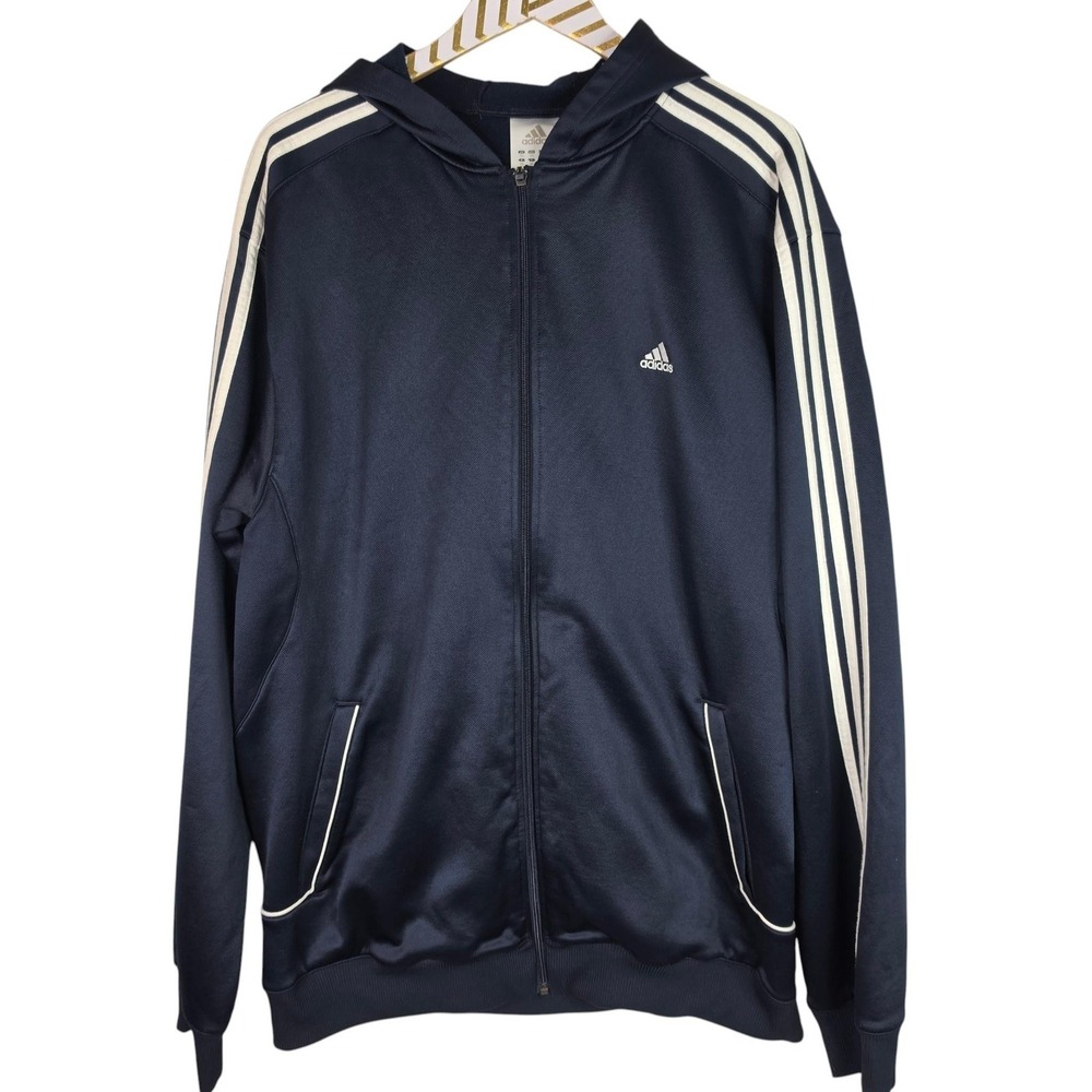 ADIDAS ATS Warm Track Jacket Mens 2XL Blue Hooded 3 Stripe Full Zip Fleece